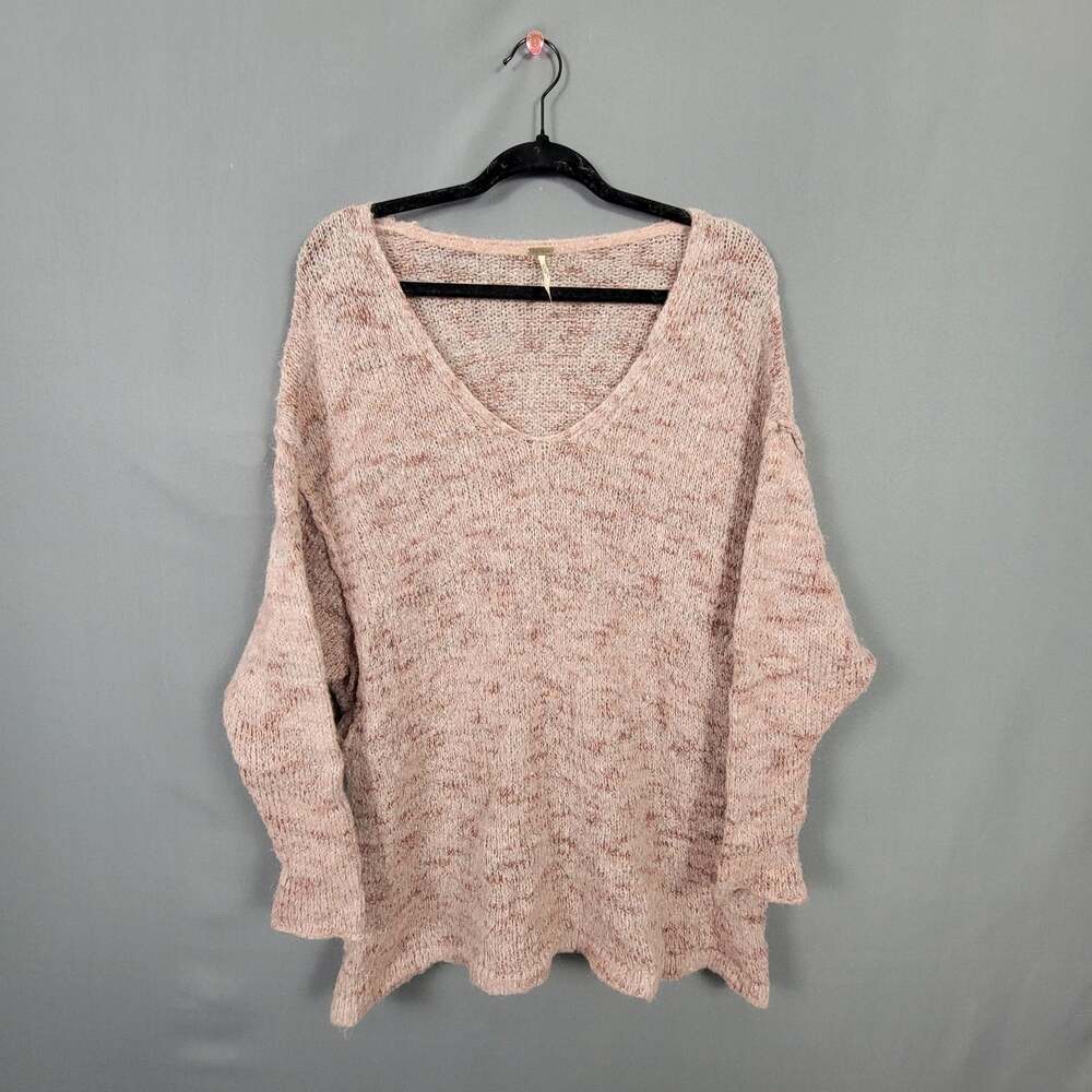 Free People Alpaca Mohair Blend Slouchy Oversized V-Neck Open Knit Sweater